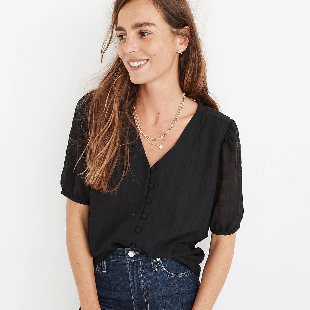 madewell black textured puff sleeve button front top xxs
